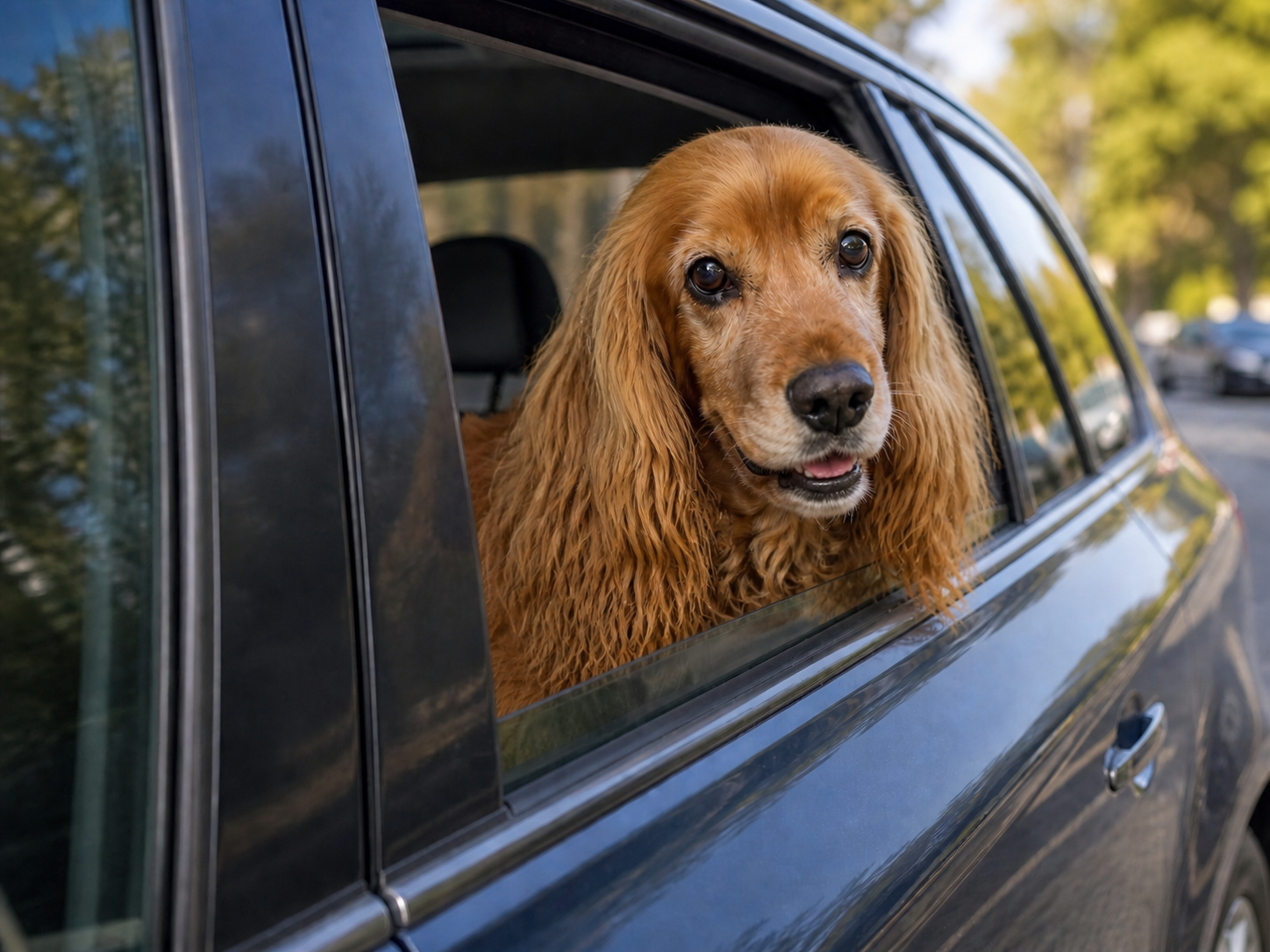 Hund schaut aus Autofenster